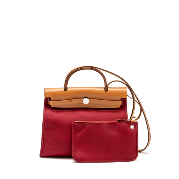 Hermes Herbag 31 Zip Bag Canvas/Hunter Leather Red SHW Stamp X