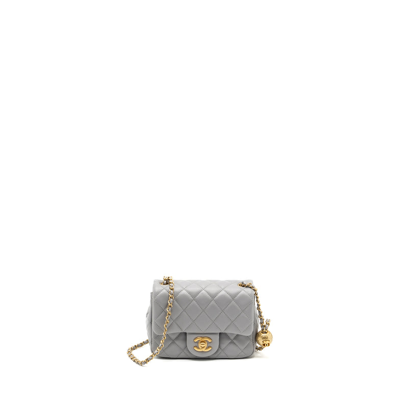 Chanel Pearl Crush Mini Square Flap Bag Lambskin Light Grey GHW(Microchip)
