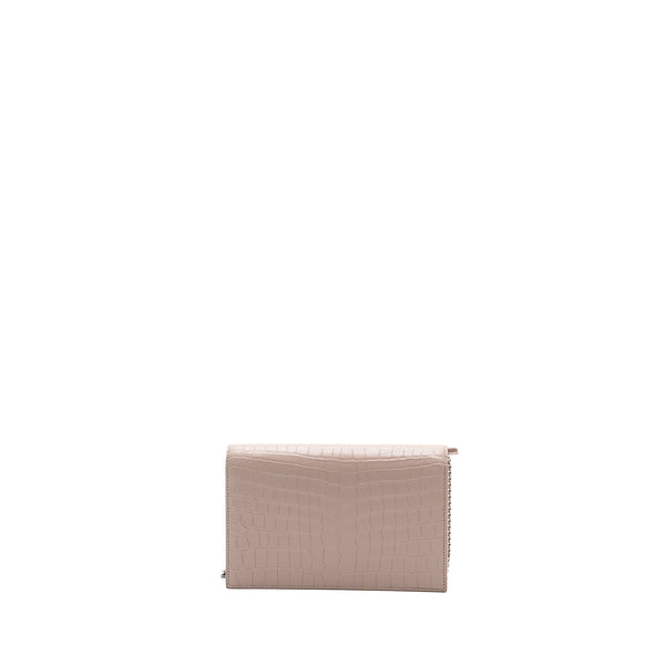 Saint Laurent Kate Wallet On Chain Croc Embossed Leather Light Pink SHW