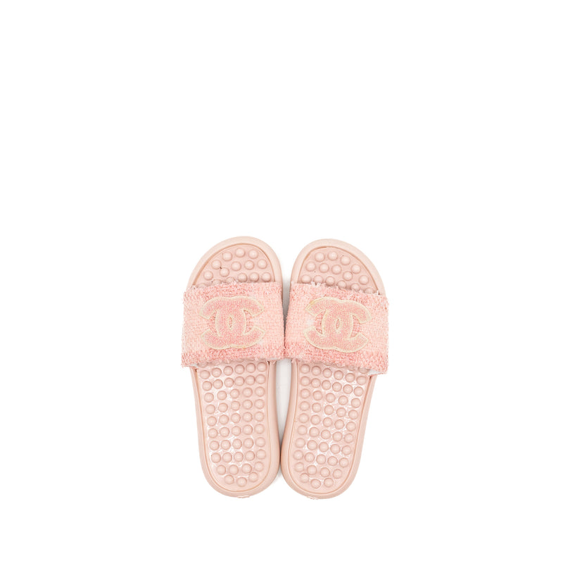 Chanel Size 38 Tweed Pool Beach Slides Sandals Pink