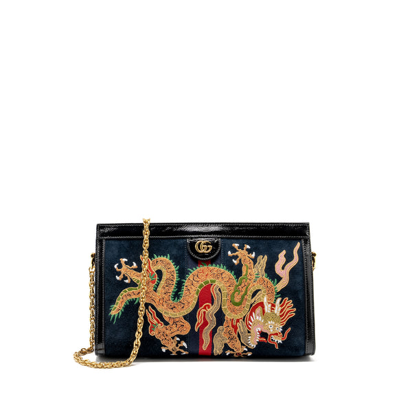 Gucci Ophidia Chain Bag Dragon Embroidered Suede Blue/Black/Multicolour GHW