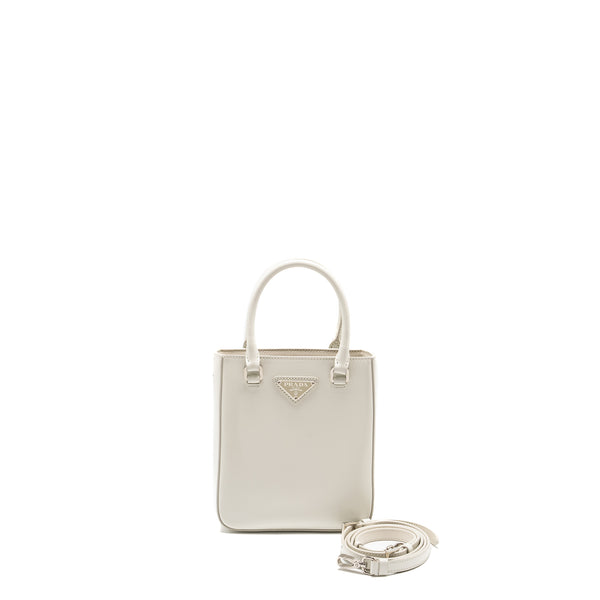 Prada Small Brushed Leather Tote Bag White SHW