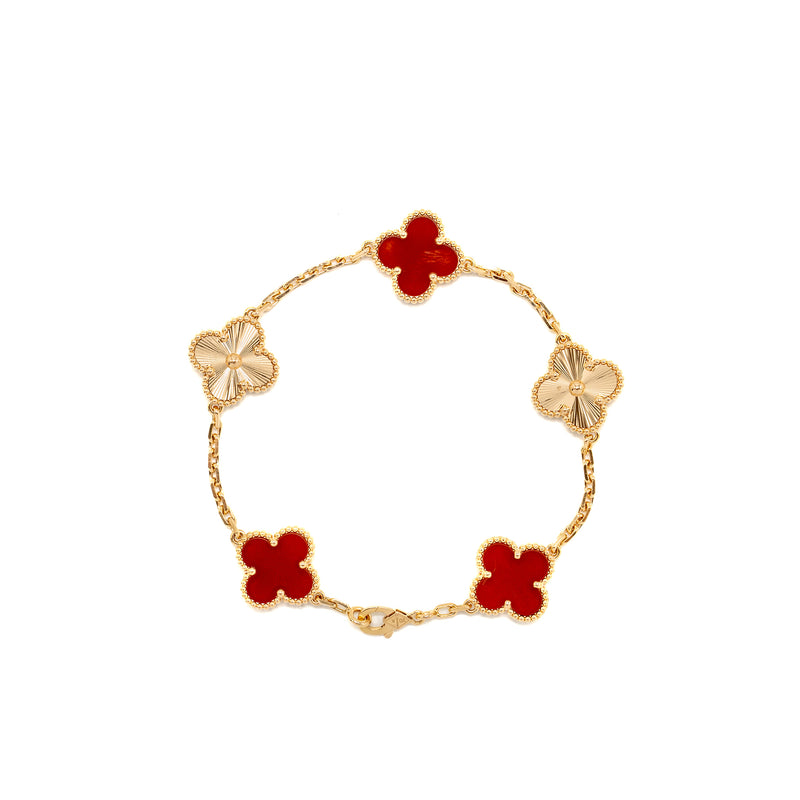 Van Cleef & Arpels Vintage Alhambra 5 Motifs Guilloche Bracelet Carnelian Rose Gold