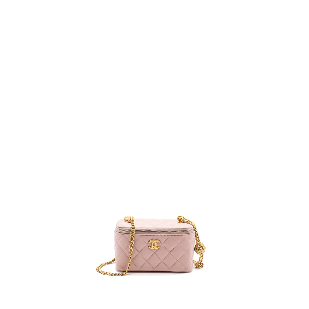 Chanel Long Vanity Case Camellia Chain Lambskin Light Pink GHW (Microc