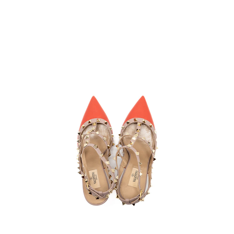 Valentino Size 39 Garavani Rockstud Slingback Heels Leather Orange Red