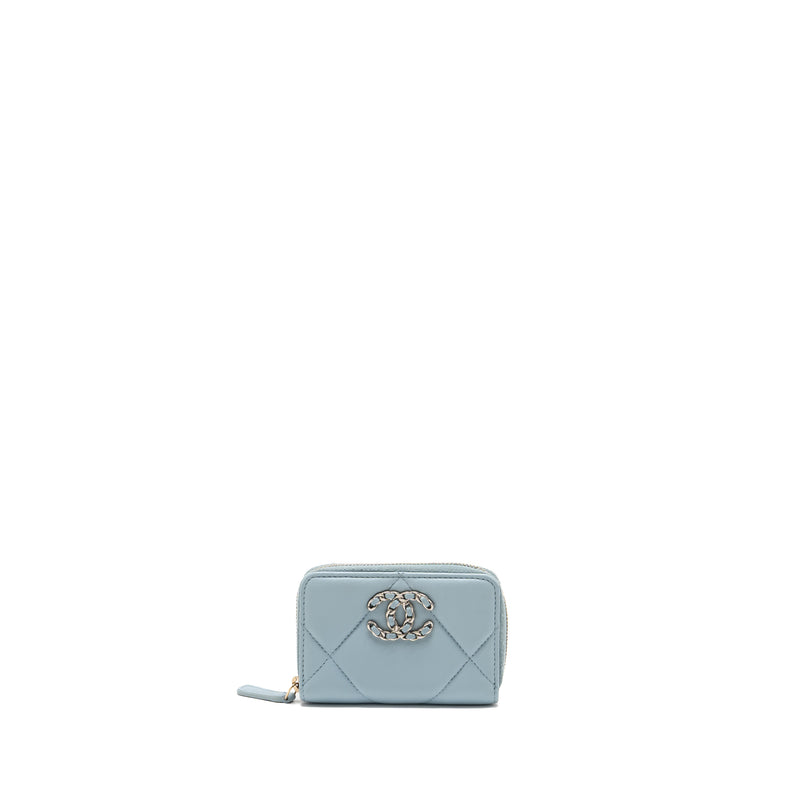 Chanel 19 zip coin purse lambskin light blue SHW (microchip)