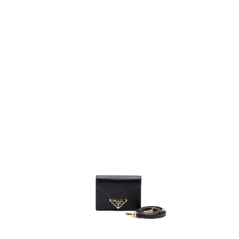 Prada Saffiano And Leather Wallet With Shoulder Strap - Black