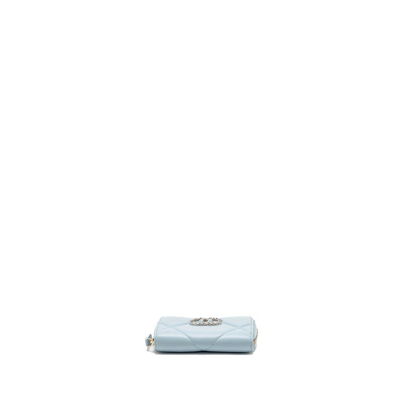 Chanel 19 zip coin purse lambskin light blue SHW (microchip)