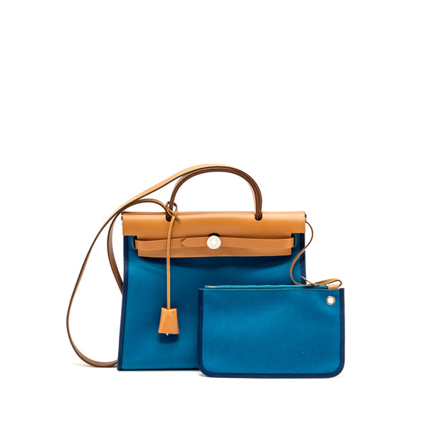 Hermes herbag zip 31 bag canvas / hunter leather blue SHW square Q