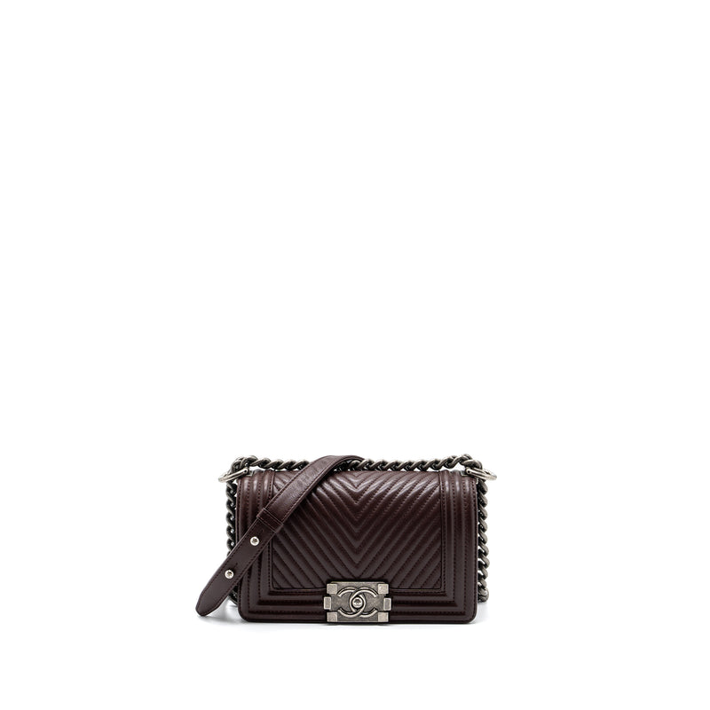 Chanel Chevron Small Boy Bag Lambskin BURGUNDY RUTHENIUM HARDWARE