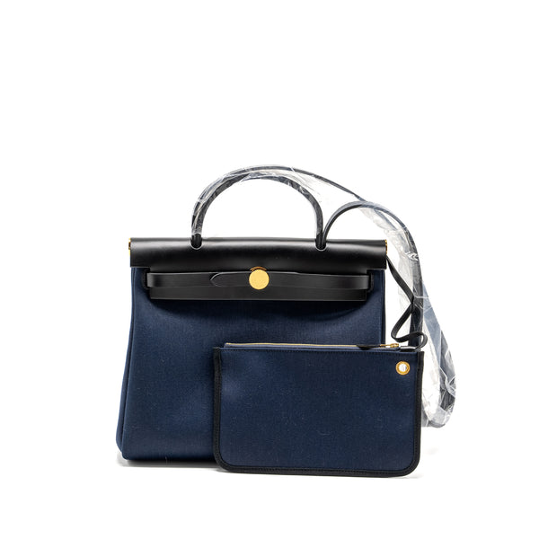 Hermes Herbag 31 zip bag canvas / Leather blue marine / black GHW stamp U