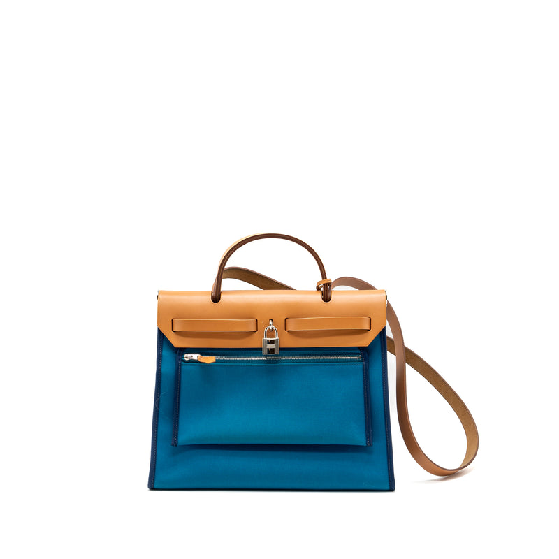 Hermes herbag zip 31 bag canvas / hunter leather blue SHW square Q