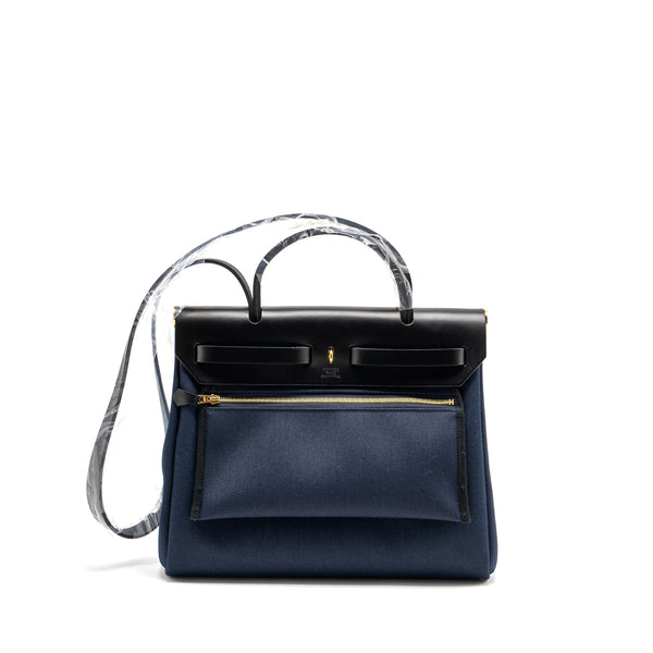 Hermes Herbag 31 zip bag canvas / Leather blue marine / black GHW stamp U