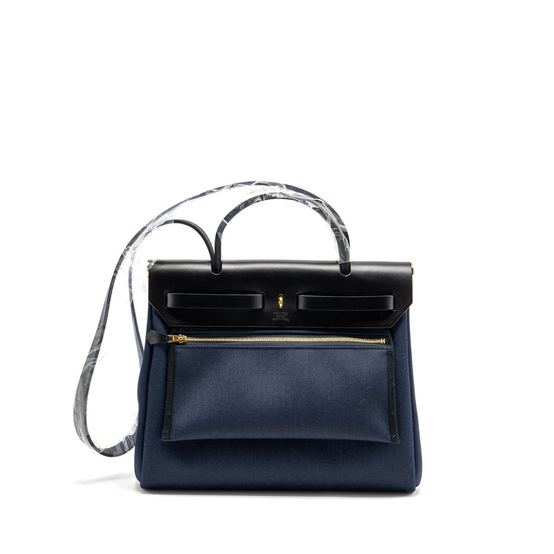 Hermes Herbag 31 zip bag canvas / Leather blue marine / black GHW stamp U