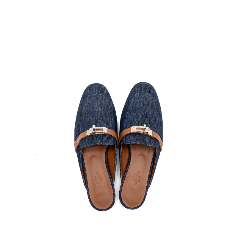 Hermes Size 38 Oz Mule Calfskin/Denim Canvas Bleu Brut/Gold SHW