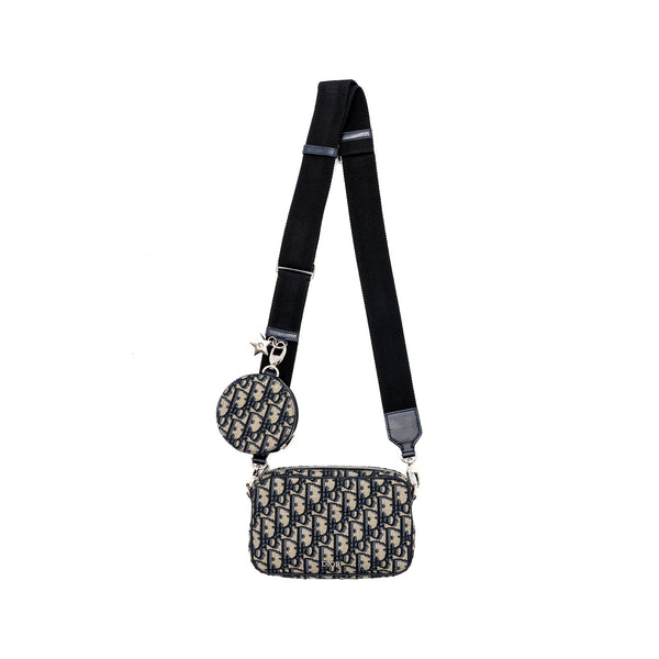 Dior 3 in 1 mini zipper pouch with strap blue jacquard SHW