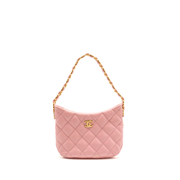 Chanel 22k Hobo Shoulder Bag with Logo Chain Lambskin Pink GHW (microchip)