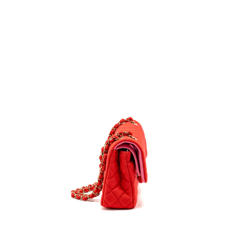 Chanel Medium Classic double flap bag fabric red /pink LGHW (microchip)