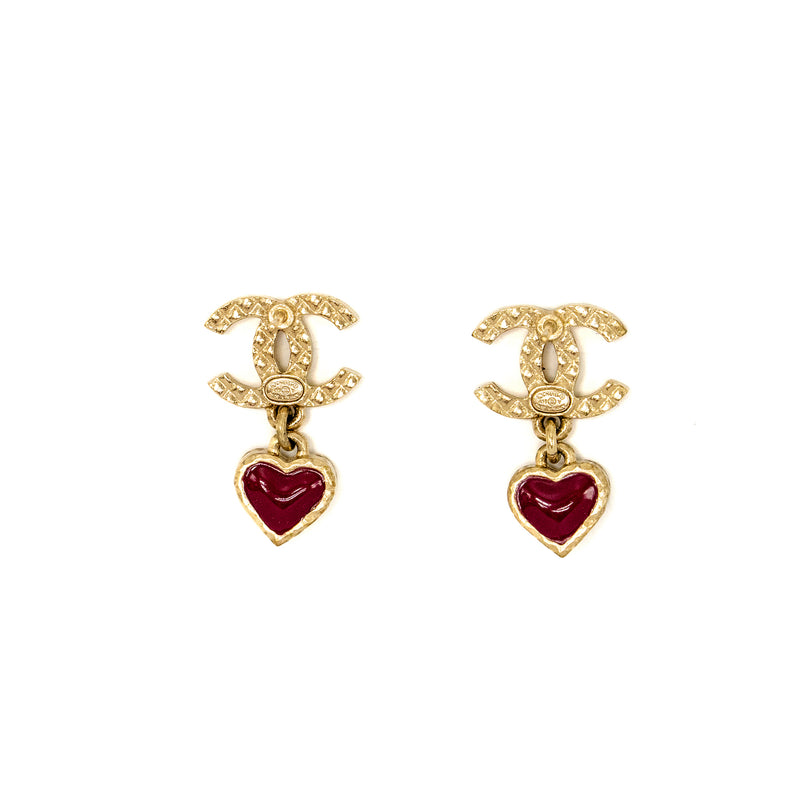 Chanel CC Heart Drop Earrings Light Gold Tone/ Purple