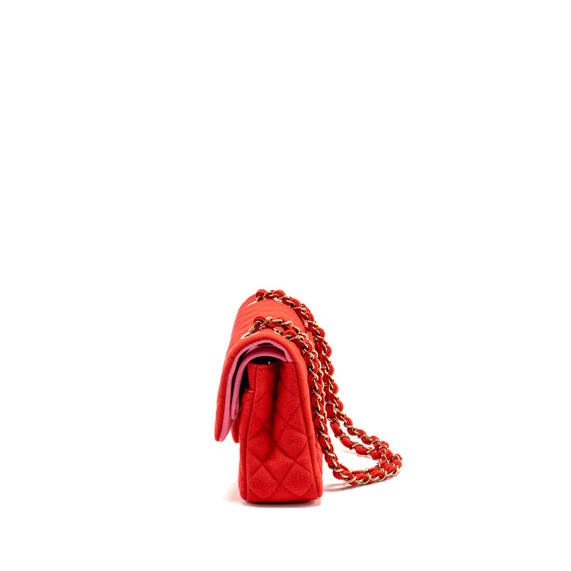 Chanel Medium Classic double flap bag fabric red /pink LGHW (microchip)