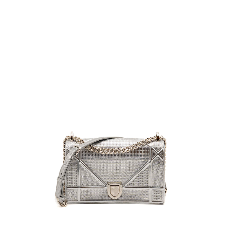 Dior Diorama Flap Bag Patent Micro-Cannage Leather Metallic Silver SHW