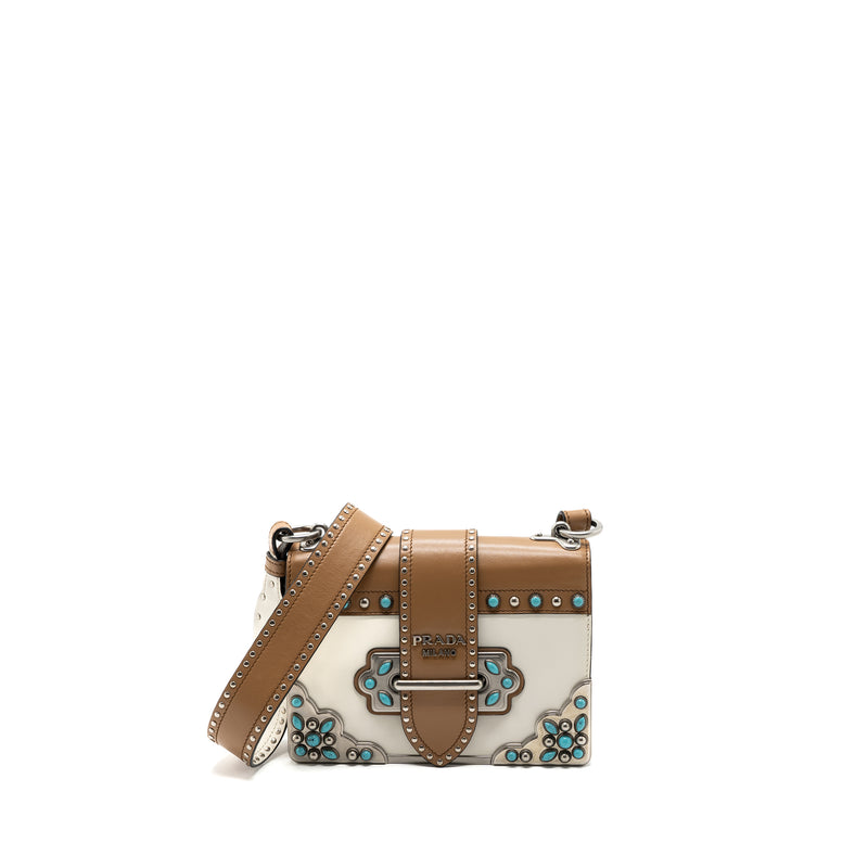 Prada Cahier Embellished Two tone Leather Shoulder Bag White Caramel