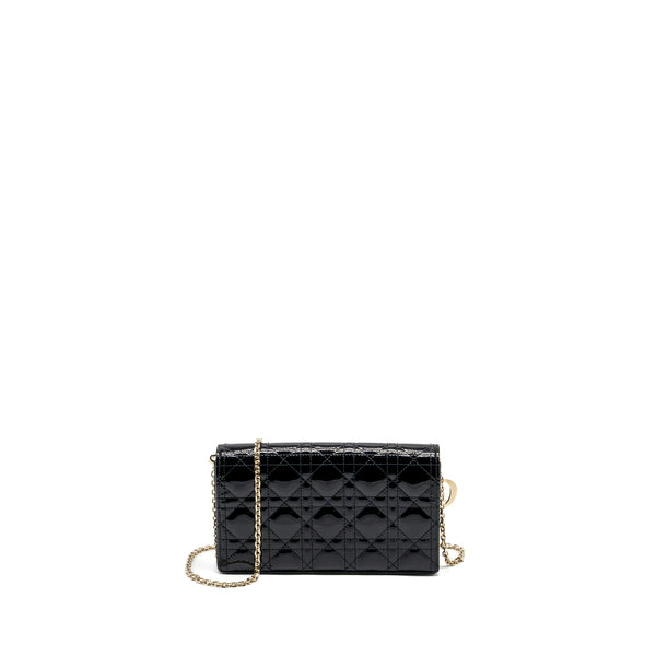 Dior Lady Dior Pouch Wallet on Chain Patent Black LGHW