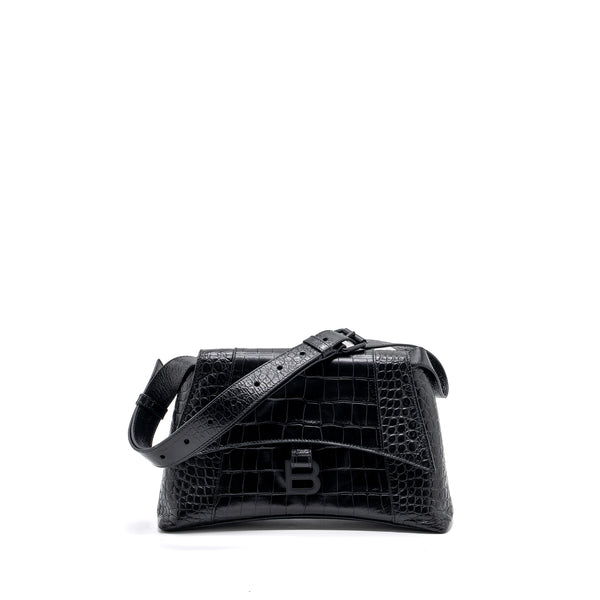 Balenciaga Downtown Small Shoudler Bag Crocodile Embossed Black with Black Hardware