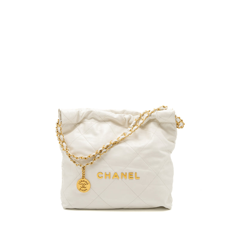 Chanel Small 22 Bag Gold Letter Shiny Calfskin White Brushed GHW (Micr