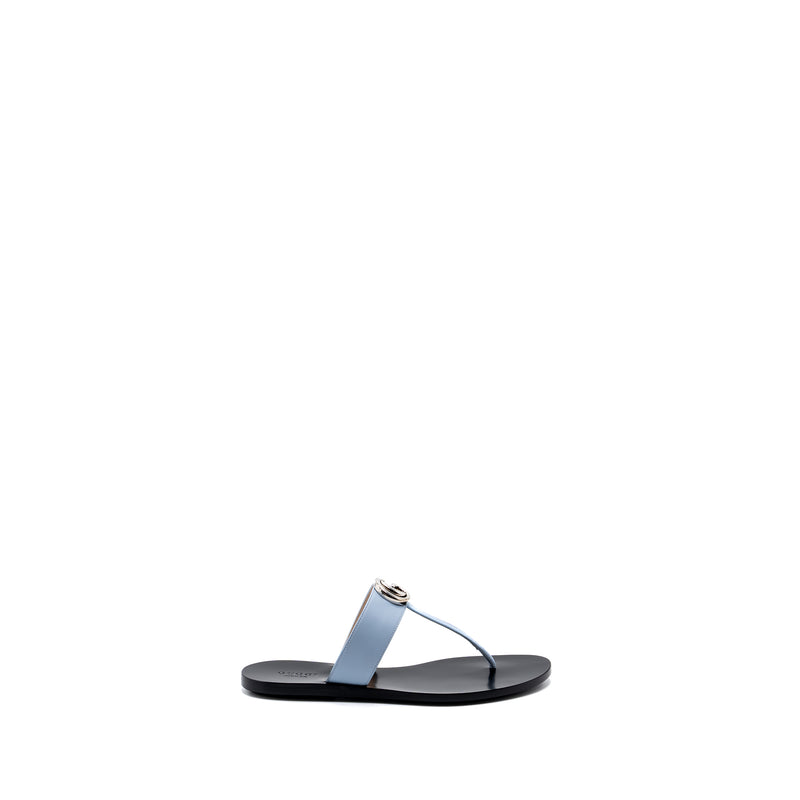 Gucci Size 37 Leather Thong Sandal With Double G Leather Light Blue SHW