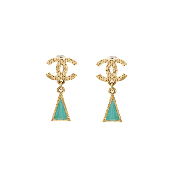 Chanel CC Triangle Drop Earrings Light Gold Tone/ Blue