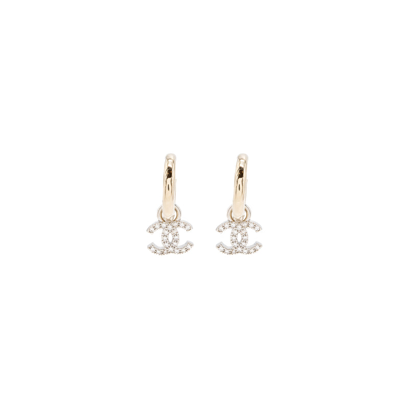 Chanel Round CC Logo Dropped Earring Crystal Light Gold Tone