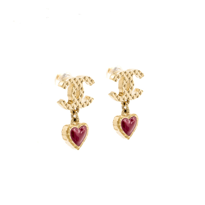 Chanel CC Heart Drop Earrings Light Gold Tone/ Purple