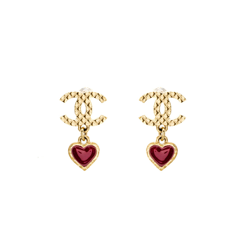 Chanel CC Heart Drop Earrings Light Gold Tone/ Purple