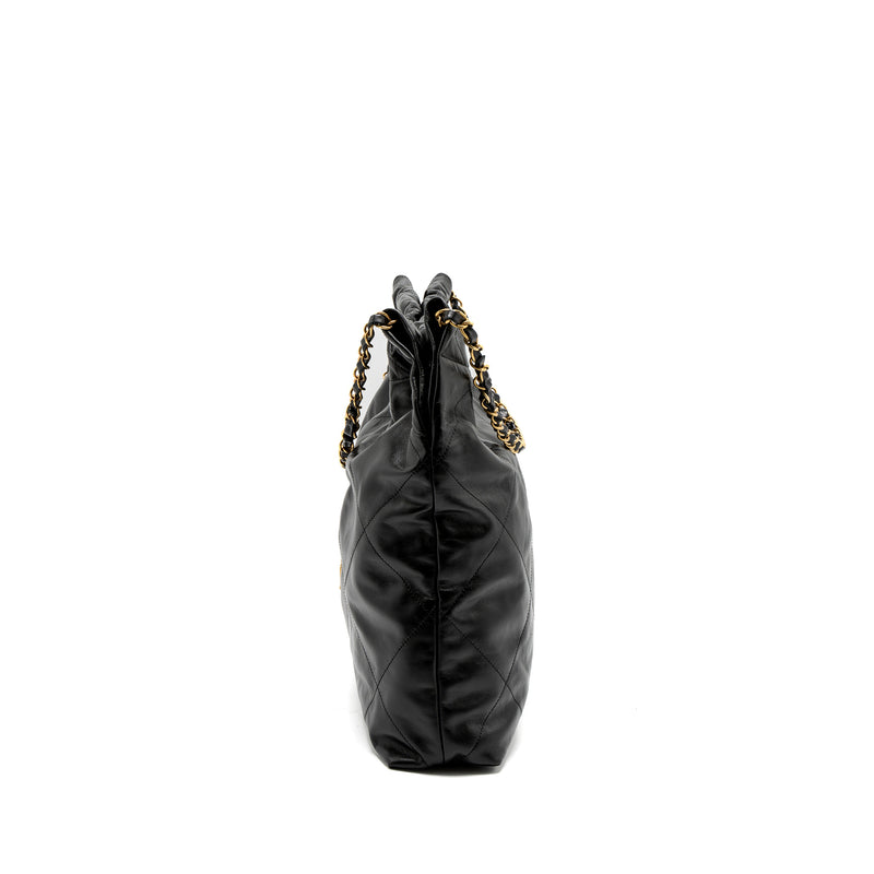 Chanel Medium 22 Bag Gold Letter Shiny Calfskin Black Brushed GHW (Microchip)