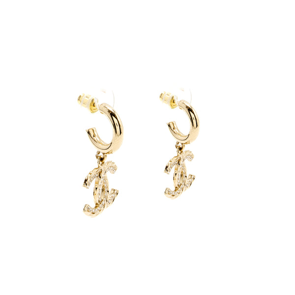 Chanel CC Drop Earrings Crystal Light Gold Tone