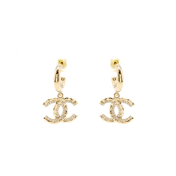 Chanel CC Drop Earrings Crystal Light Gold Tone