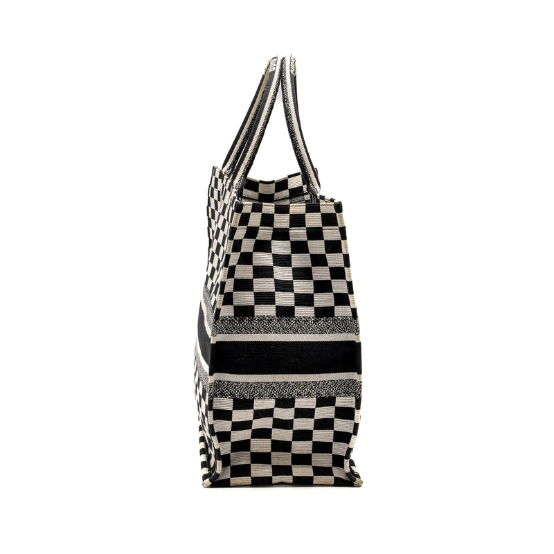 Dior Large Book Tote White Checkered Embroidered Canvas Black / White