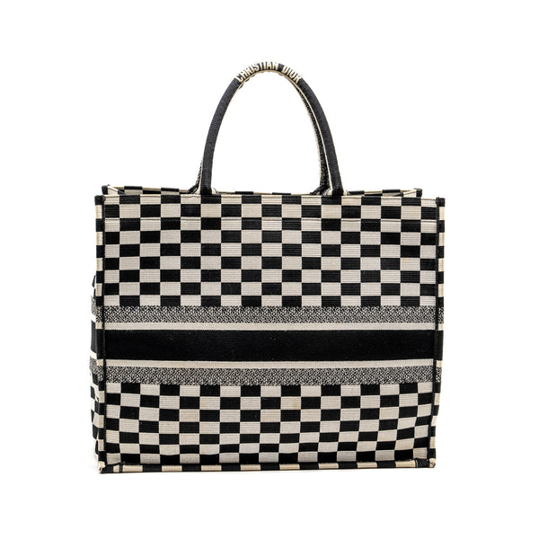 Dior Large Book Tote White Checkered Embroidered Canvas Black / White