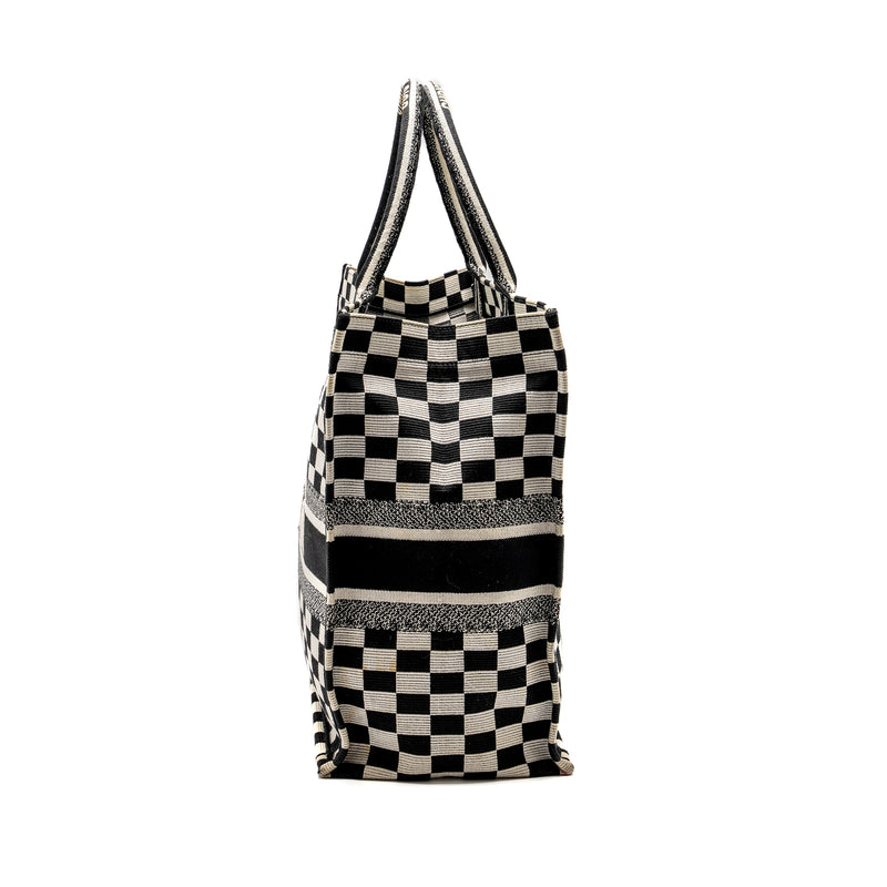 Dior Large Book Tote White Checkered Embroidered Canvas Black / White