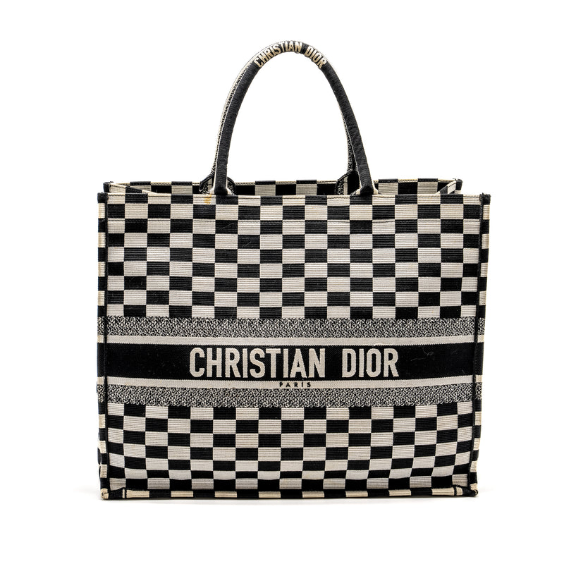 Dior Large Book Tote White Checkered Embroidered Canvas Black / White