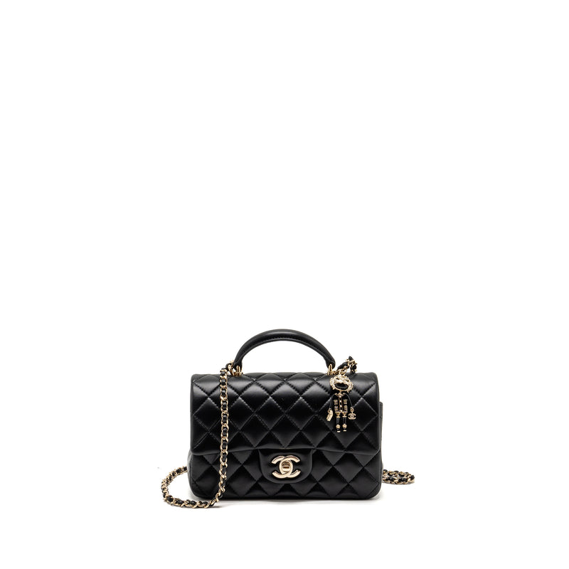 Chanel Top handle mini rectangular flap bag with lion charm lambskin black LGHW (microchip)