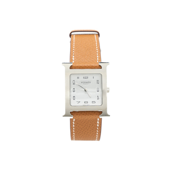 Hermes Heure H Watch Medium Model 30MM Stainless Steal White Dial Epsom Gold SHW