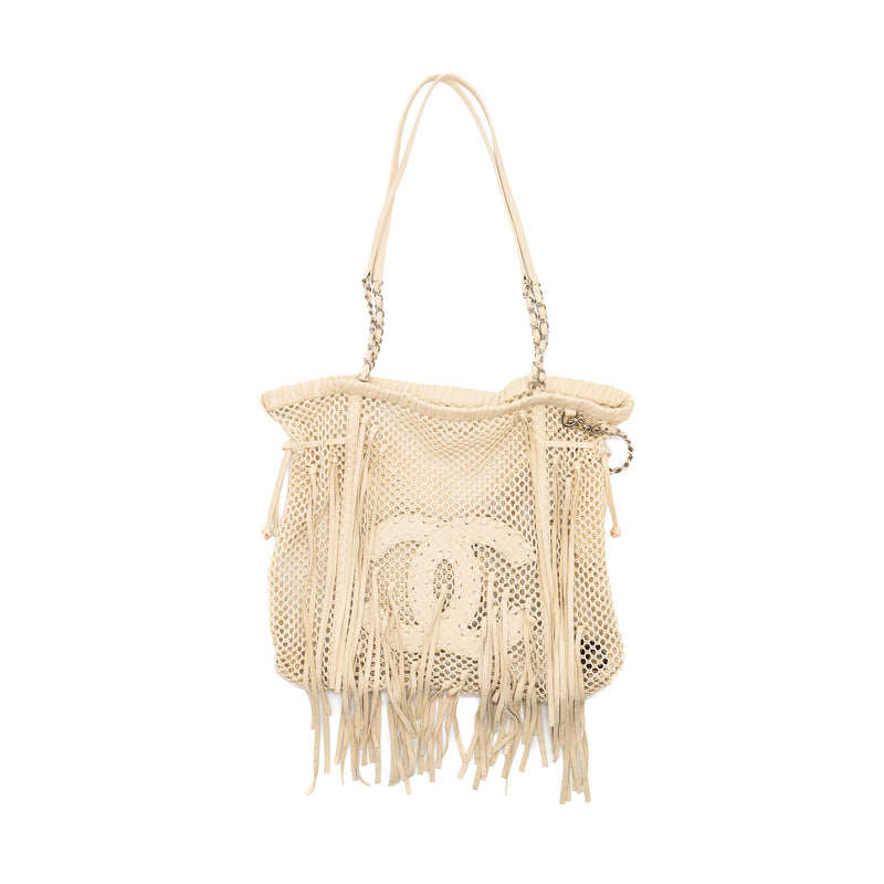 Chanel large beach tote bag lambskin / fabric ivory SHW