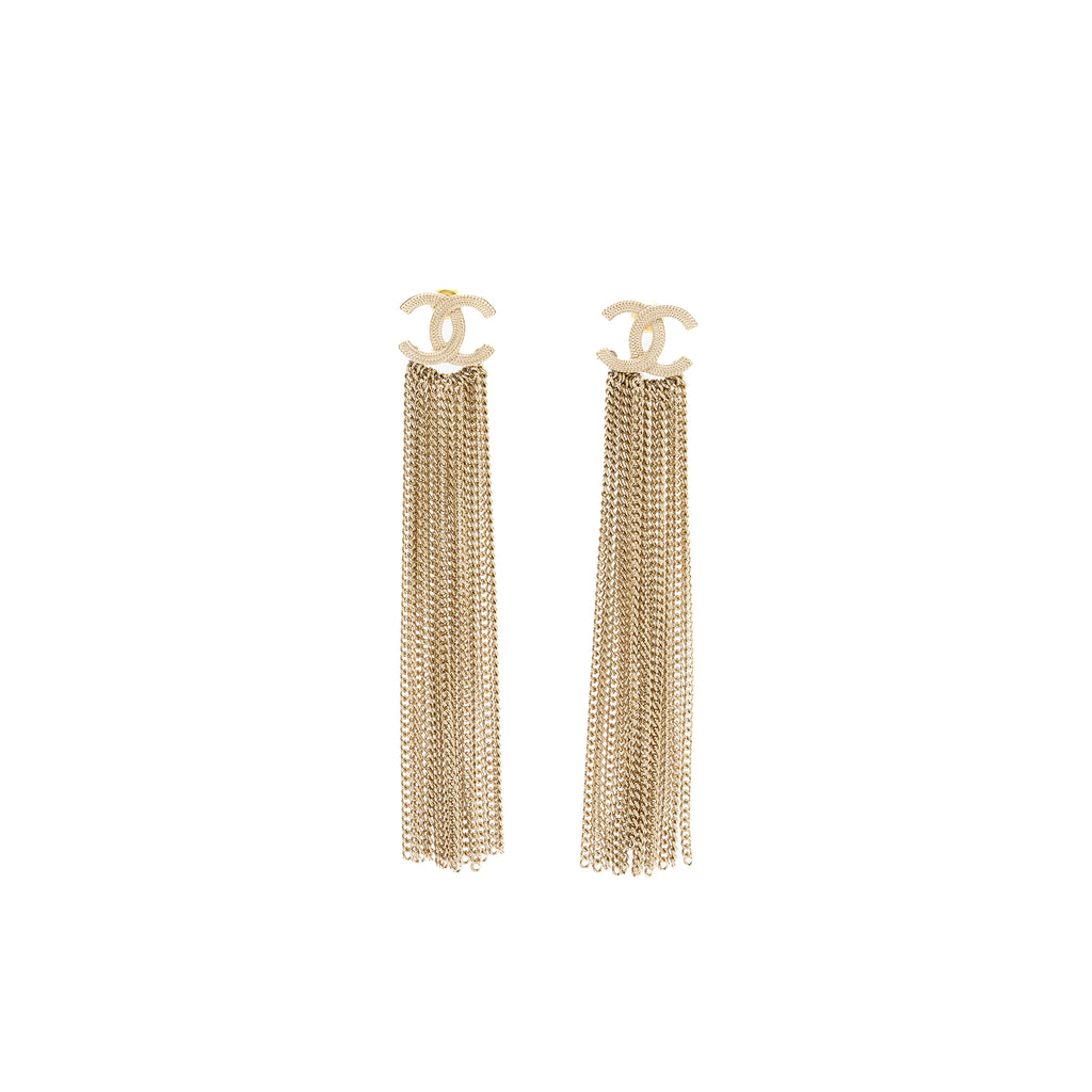 Chanel CC Logo Tassel Earrings Light Gold Tone
