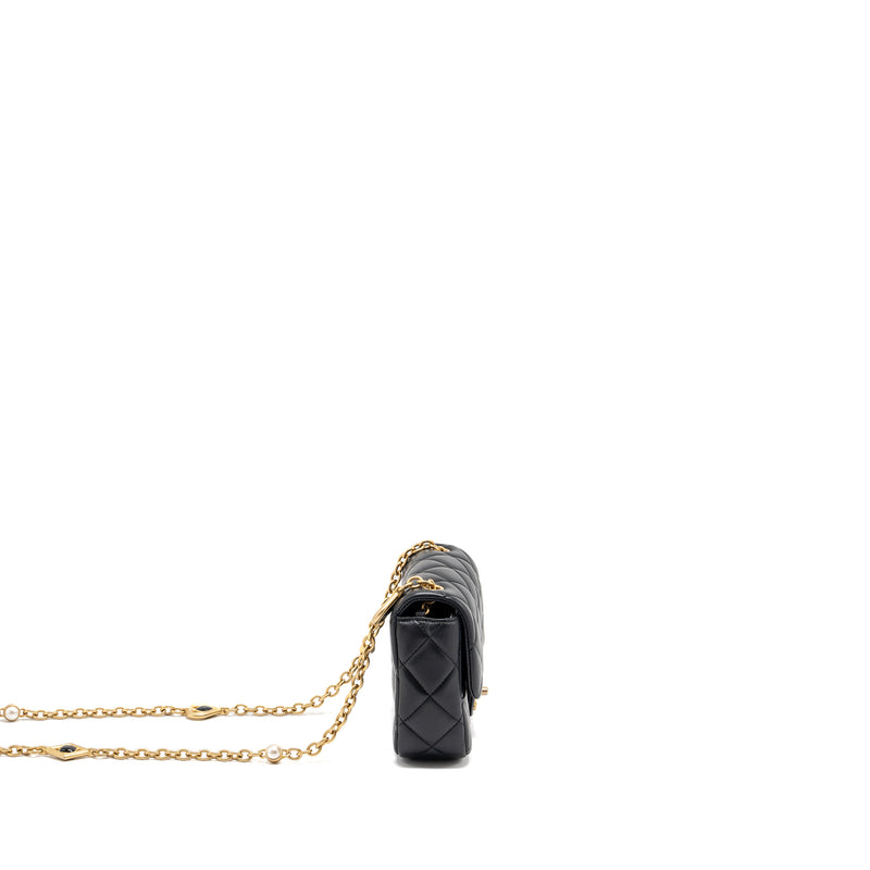 Chanel quilted flap bag with heart charm chain lambskin Black GHW (microchip)