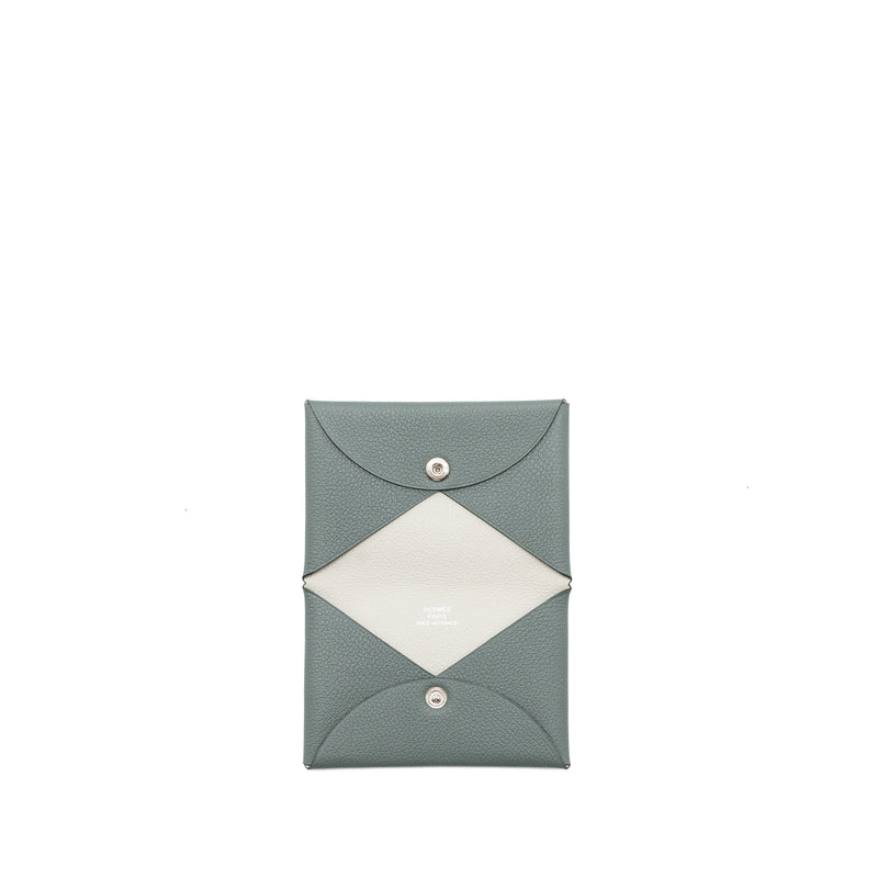 Hermes Calvi Card Holder Evercolor Vert Amande/Gris Perle SHW Stamp D