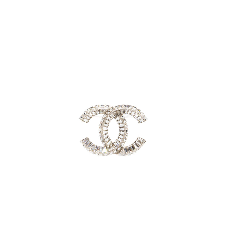 Chanel CC Crystal Brooch Silver Tone