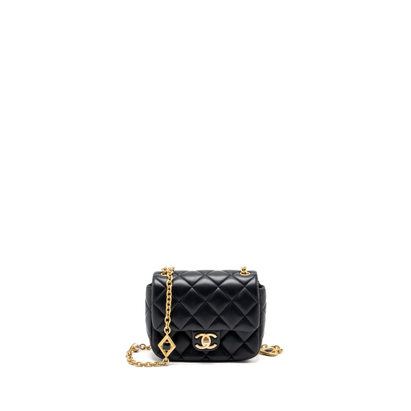 Chanel quilted flap bag with heart charm chain lambskin Black GHW (microchip)