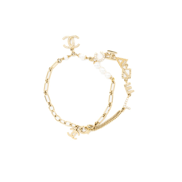 Chanel Ring Bracelet Letter/Pearl/Crystal Light Gold Tone